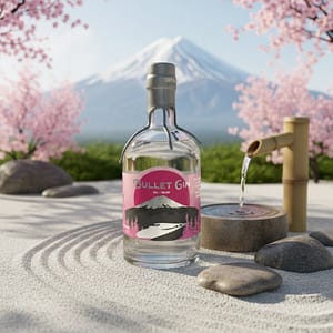 A bottle of Bullet Gin from Mainline Spirit Co., featuring a sleek design inspired by Japanese culture, surrounded by cherry blossoms and yuzu fruit to reflect its delicate floral and citrus notes.