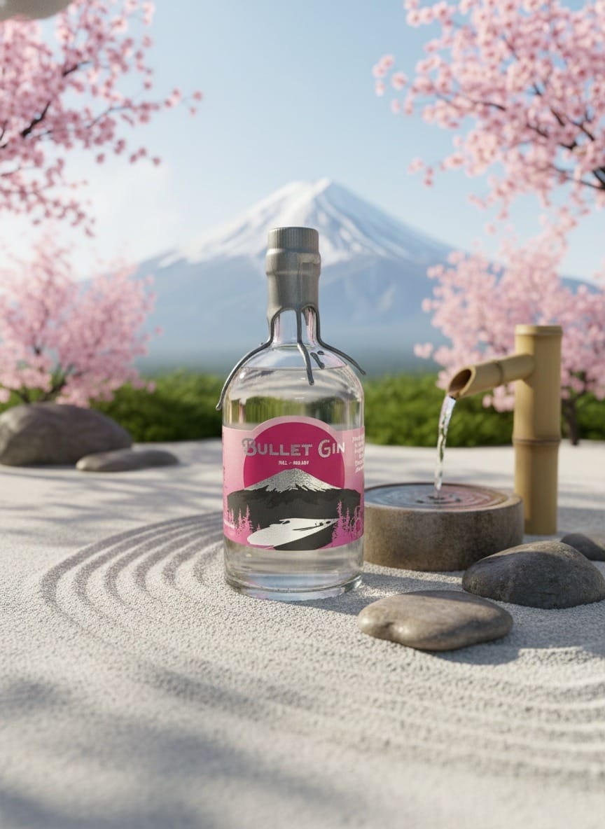 A bottle of Bullet Gin from Mainline Spirit Co., featuring a sleek design inspired by Japanese culture, surrounded by cherry blossoms and yuzu fruit to reflect its delicate floral and citrus notes.